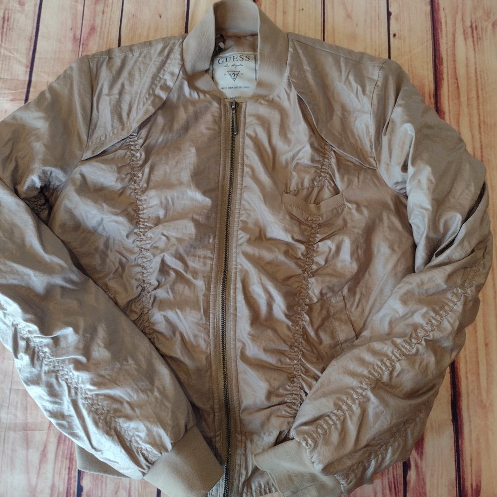Guess Bomber Jacket Medium Gathered, Tan/ Gold. It is a tan/gold color.